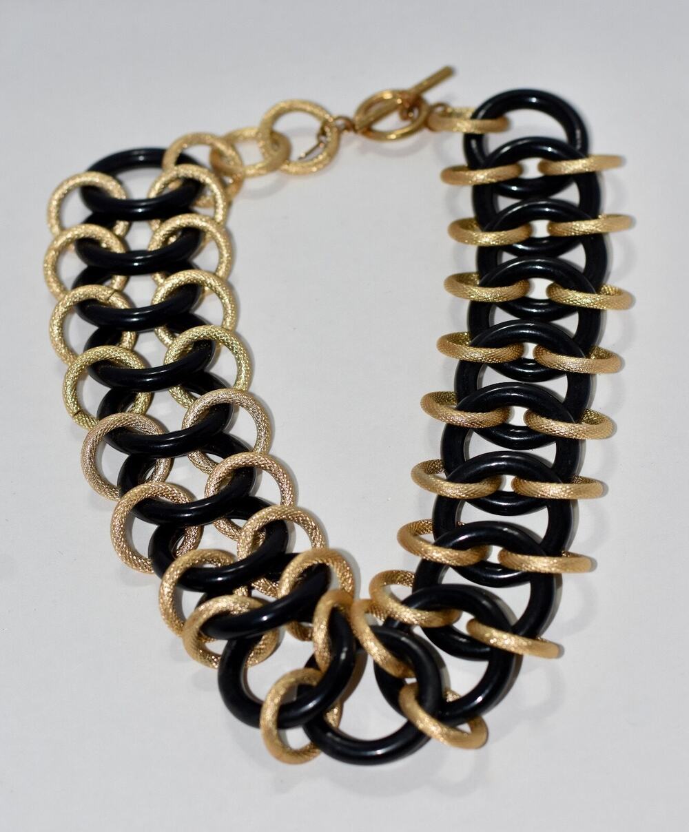 Kenneth Jay Lane KJL Three-Row Black & Gold Multi Chain-Link Collar Necklace